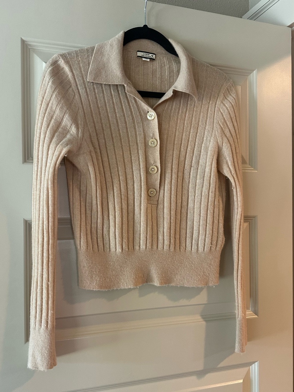J Crew Cashmere Ribbed Cropped Polo Sweater in Camel